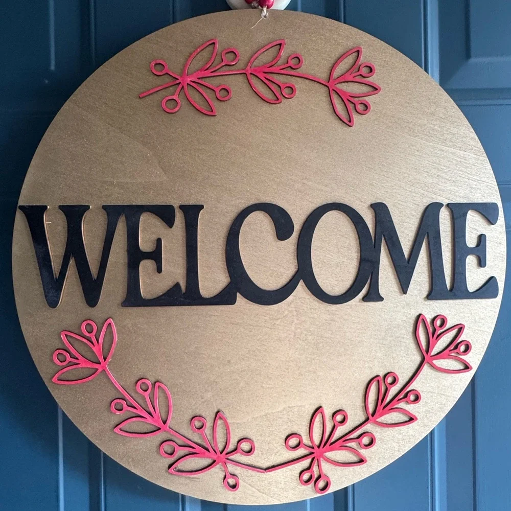 18” Gold Round Welcome Sign with Red Accents